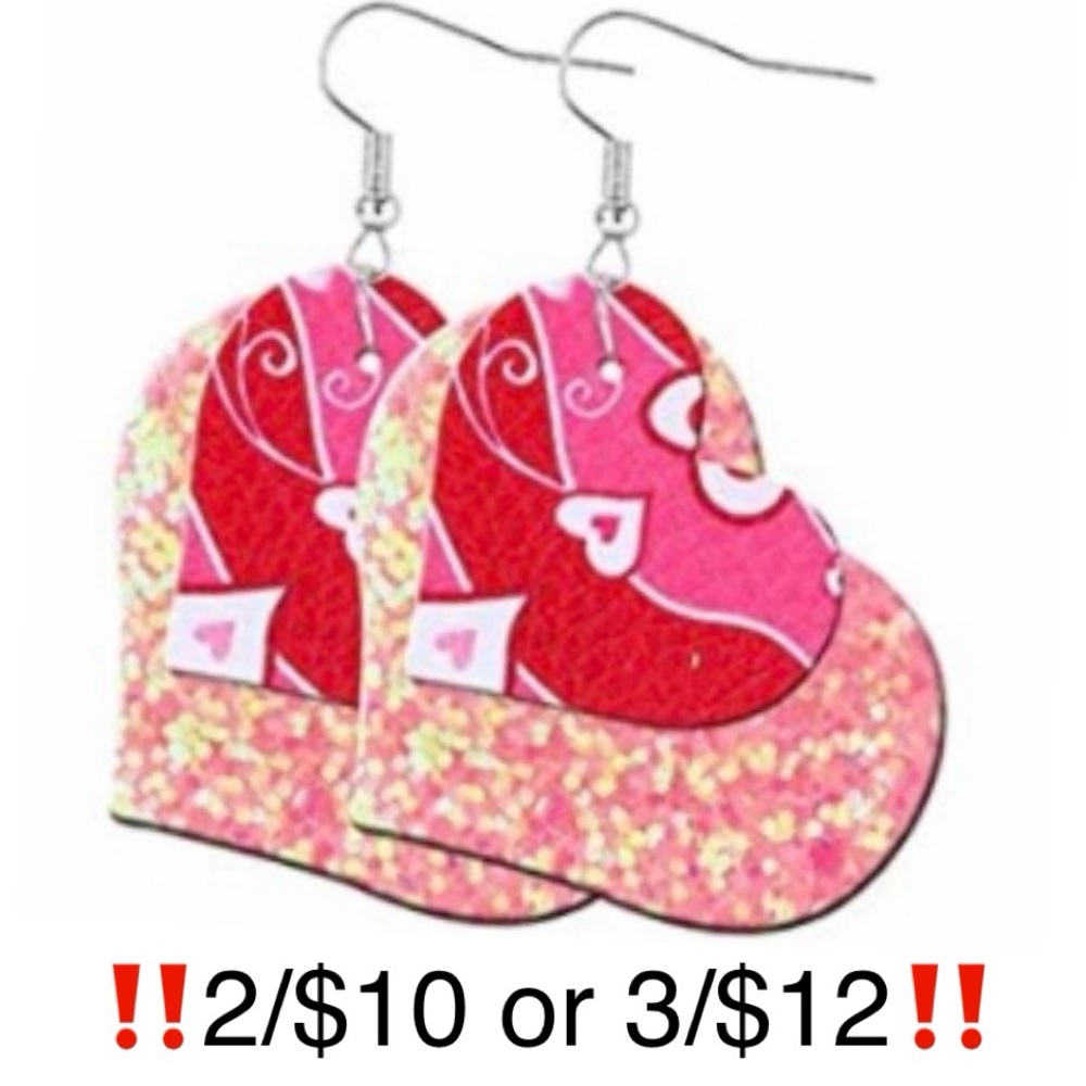 Pink Glitter Heart Dangling Faux Leather Layered Valentine Earrings
